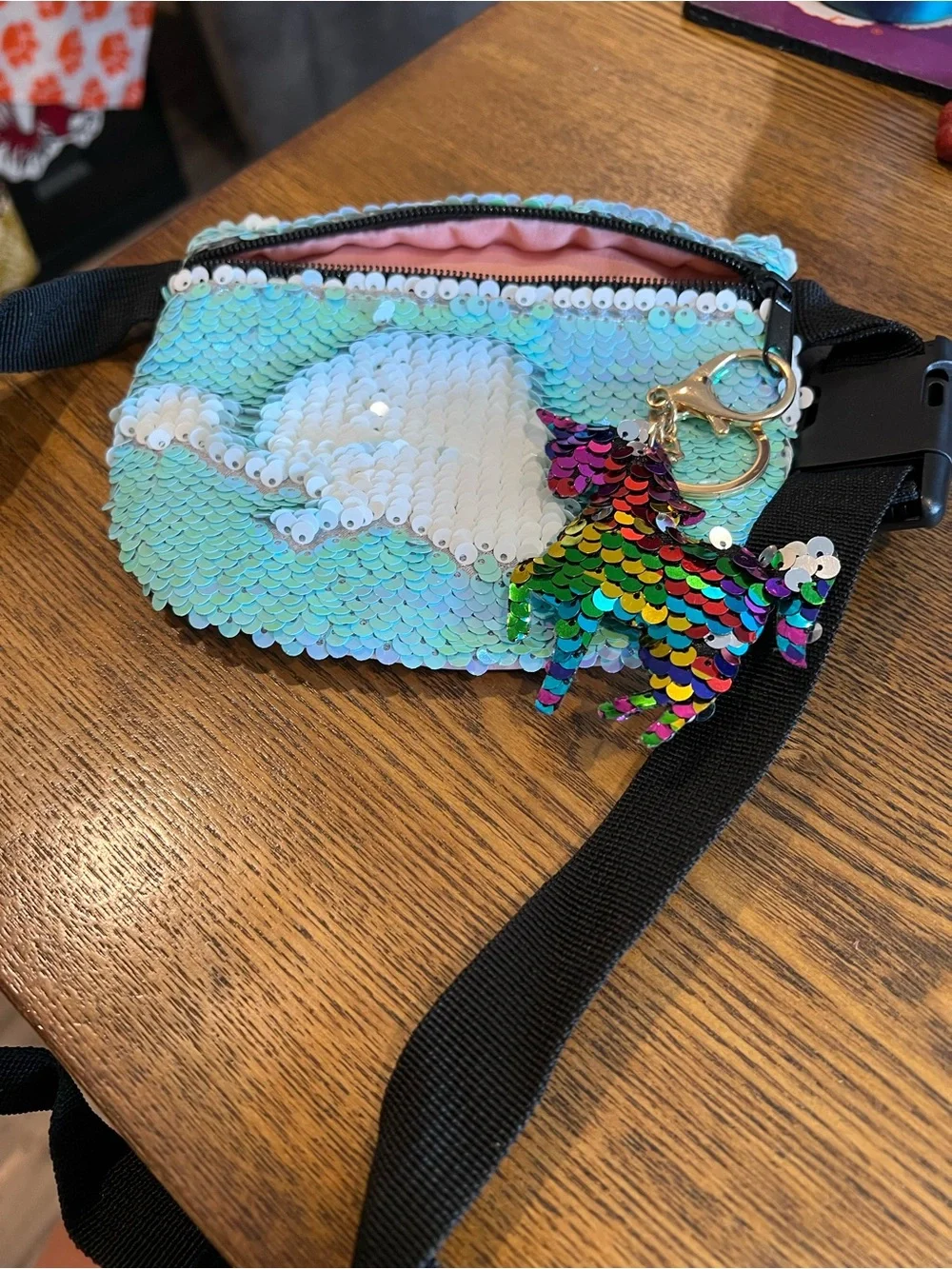 Sequin Mermaid Mini Fanny Pack Bag - Iridescent Aqua with Unicorn Charm